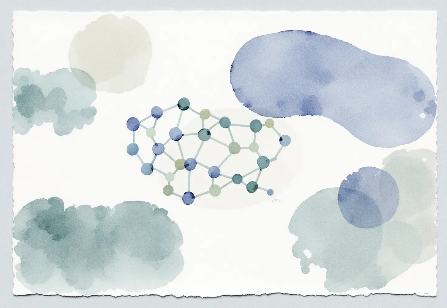 Hand-drawn composition of four distinct cool-ink specimen marks — sage, stone, slate-blue and dusty-teal — for the four KLOW peptides, with one element left as an empty sketched outline marking the missing combination data